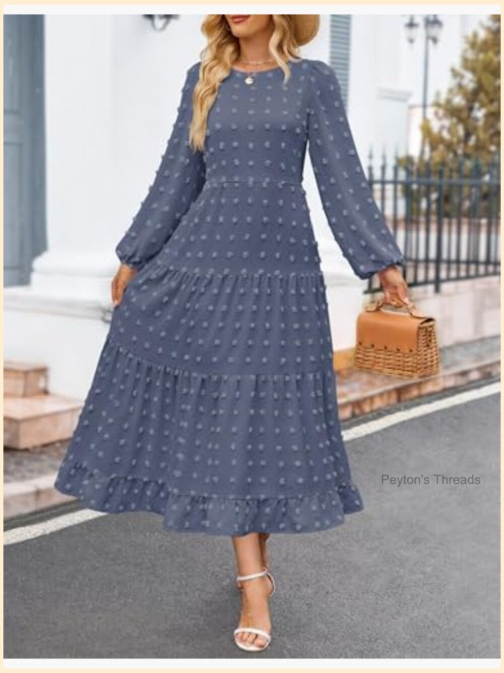 Long Sleeve Swiss Dot Tiered Flowy A-Line Maxi Dress - Picture 2 of 7